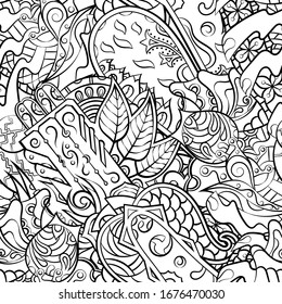 Tracery seamless pattern. Mehndi design. Ethnic monochrome binary doodle texture. Curved doodling black and white background. Vector