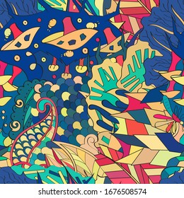 Tracery seamless pattern. Mehndi design. Ethnic colorful doodle texture. Curved doodling background. Vector
