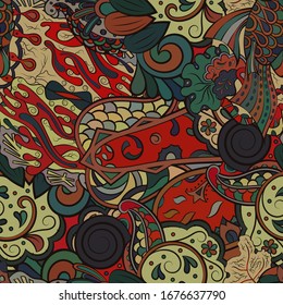 Tracery seamless pattern. Mehndi design. Ethnic colorful doodle texture. Curved doodling background. Vector