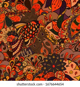 Tracery seamless pattern. Mehndi design. Ethnic colorful doodle texture. Curved doodling background. Vector
