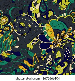 Tracery seamless pattern. Mehndi design. Ethnic colorful doodle texture. Curved doodling background. Vector
