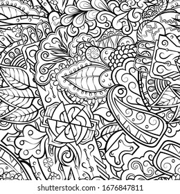 Tracery seamless pattern. Mehndi design. Ethnic monochrome binary doodle texture. Curved doodling black and white background. Vector