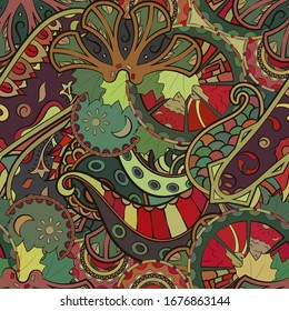 Tracery seamless pattern. Mehndi design. Ethnic colorful doodle texture. Curved doodling background. Vector