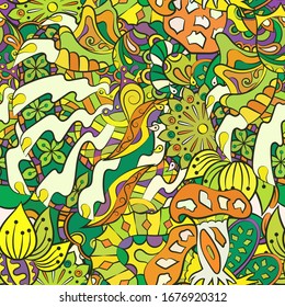 Tracery seamless pattern. Mehndi design. Ethnic colorful doodle texture. Curved doodling background. Vector