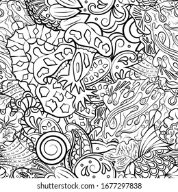 Tracery seamless pattern. Mehndi design. Ethnic monochrome binary doodle texture. Curved doodling black and white background. Vector