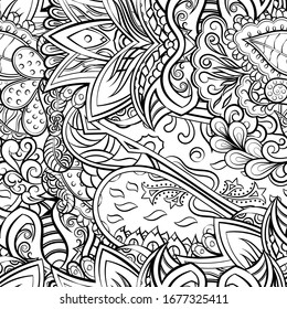 Tracery seamless pattern. Mehndi design. Ethnic monochrome binary doodle texture. Curved doodling black and white background. Vector