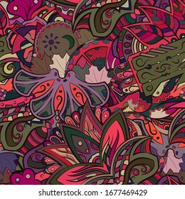 Tracery seamless pattern. Mehndi design. Ethnic colorful doodle texture. Curved doodling background. Vector
