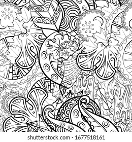 Tracery seamless pattern. Mehndi design. Ethnic monochrome binary doodle texture. Curved doodling black and white background. Vector