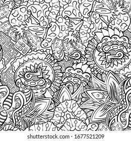 Tracery seamless pattern. Mehndi design. Ethnic monochrome binary doodle texture. Curved doodling black and white background. Vector