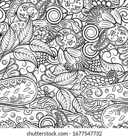 Tracery seamless pattern. Mehndi design. Ethnic monochrome binary doodle texture. Curved doodling black and white background. Vector