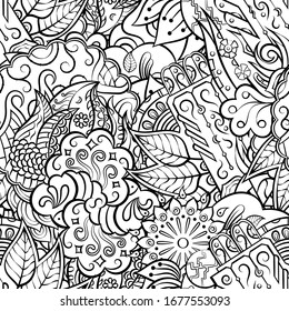 Tracery seamless pattern. Mehndi design. Ethnic monochrome binary doodle texture. Curved doodling black and white background. Vector