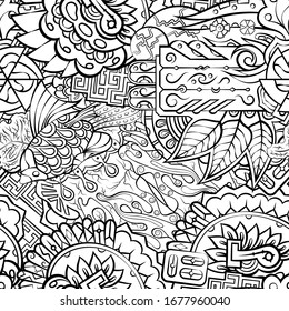 Tracery seamless pattern. Mehndi design. Ethnic monochrome binary doodle texture. Curved doodling black and white background. Vector