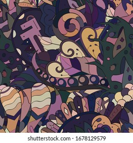 Tracery seamless pattern. Mehndi design. Ethnic colorful doodle texture. Curved doodling background. Vector