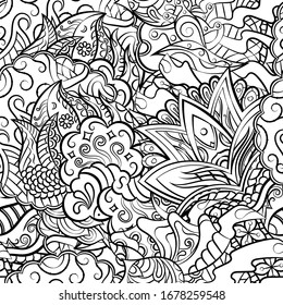 Tracery seamless pattern. Mehndi design. Ethnic monochrome binary doodle texture. Curved doodling black and white background. Vector
