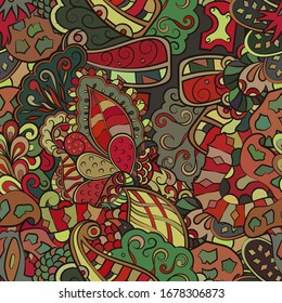 Tracery seamless pattern. Mehndi design. Ethnic colorful doodle texture. Curved doodling background. Vector