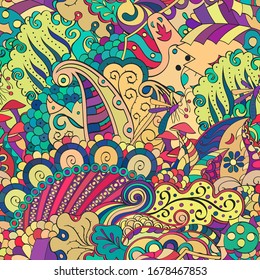 Tracery seamless pattern. Mehndi design. Ethnic colorful doodle texture. Curved doodling background. Vector
