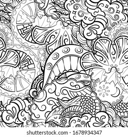 Tracery seamless pattern. Mehndi design. Ethnic monochrome binary doodle texture. Curved doodling black and white background. Vector
