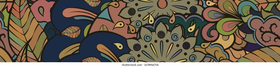 Tracery seamless pattern. Mehndi design. Ethnic colorful doodle texture. Curved doodling background. Vector