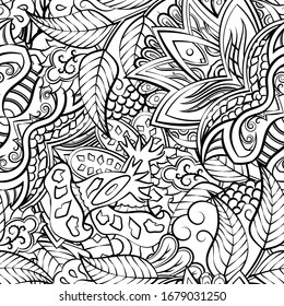 Tracery seamless pattern. Mehndi design. Ethnic monochrome binary doodle texture. Curved doodling black and white background. Vector