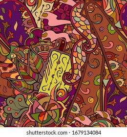 Tracery seamless pattern. Mehndi design. Ethnic colorful doodle texture. Curved doodling background. Vector