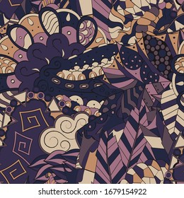 Tracery seamless pattern. Mehndi design. Ethnic colorful doodle texture. Curved doodling background. Vector