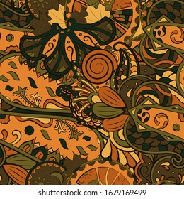 Tracery seamless pattern. Mehndi design. Ethnic colorful doodle texture. Curved doodling background. Vector