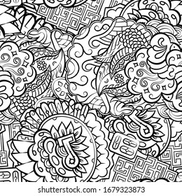 Tracery seamless pattern. Mehndi design. Ethnic monochrome binary doodle texture. Curved doodling black and white background. Vector