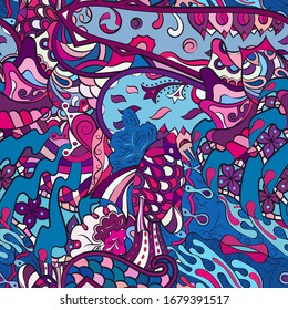 Tracery seamless pattern. Mehndi design. Ethnic colorful doodle texture. Curved doodling background. Vector