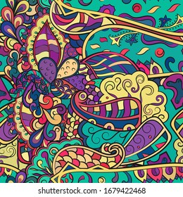 Tracery seamless pattern. Mehndi design. Ethnic colorful doodle texture. Curved doodling background. Vector