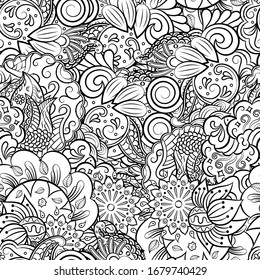 Tracery seamless pattern. Mehndi design. Ethnic monochrome binary doodle texture. Curved doodling black and white background. Vector