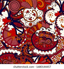 Tracery seamless pattern. Mehndi design. Ethnic colorful doodle texture. Curved doodling background. Vector