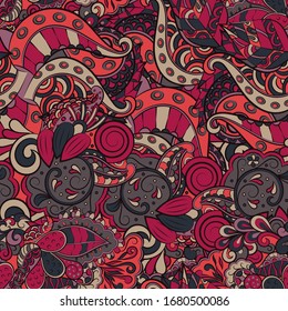 Tracery seamless pattern. Mehndi design. Ethnic colorful doodle texture. Curved doodling background. Vector
