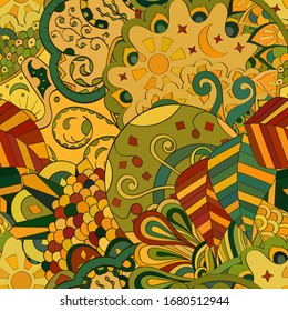 Tracery seamless pattern. Mehndi design. Ethnic colorful doodle texture. Curved doodling background. Vector