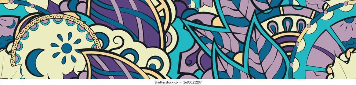 Tracery seamless pattern. Mehndi design. Ethnic colorful doodle texture. Curved doodling background. Vector