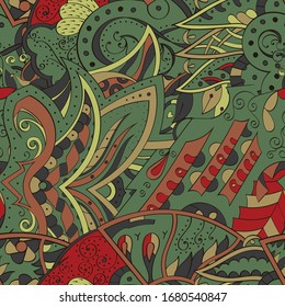 Tracery seamless pattern. Mehndi design. Ethnic colorful doodle texture. Curved doodling background. Vector