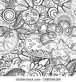 Tracery seamless pattern. Mehndi design. Ethnic monochrome binary doodle texture. Curved doodling black and white background. Vector