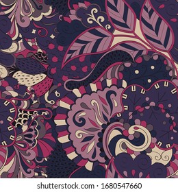 Tracery seamless pattern. Mehndi design. Ethnic colorful doodle texture. Curved doodling background. Vector
