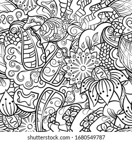 Tracery seamless pattern. Mehndi design. Ethnic monochrome binary doodle texture. Curved doodling black and white background. Vector