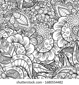 Tracery seamless pattern. Mehndi design. Ethnic monochrome binary doodle texture. Curved doodling black and white background. Vector