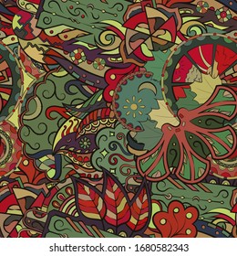 Tracery seamless pattern. Mehndi design. Ethnic colorful doodle texture. Curved doodling background. Vector