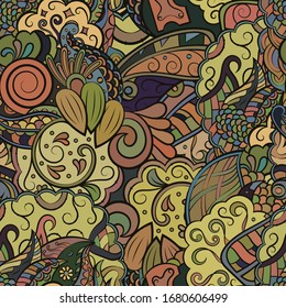 Tracery seamless pattern. Mehndi design. Ethnic colorful doodle texture. Curved doodling background. Vector