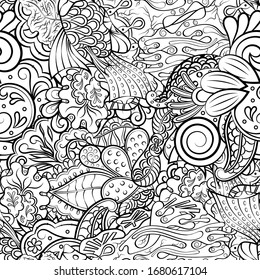 Tracery seamless pattern. Mehndi design. Ethnic monochrome binary doodle texture. Curved doodling black and white background. Vector