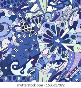Tracery seamless pattern. Mehndi design. Ethnic colorful doodle texture. Curved doodling background. Vector