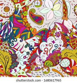 Tracery seamless pattern. Mehndi design. Ethnic colorful doodle texture. Curved doodling background. Vector