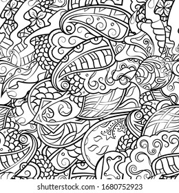 Tracery seamless pattern. Mehndi design. Ethnic monochrome binary doodle texture. Curved doodling black and white background. Vector