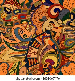 Tracery seamless pattern. Mehndi design. Ethnic colorful doodle texture. Curved doodling background. Vector