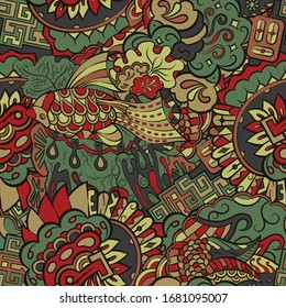 Tracery seamless pattern. Mehndi design. Ethnic colorful doodle texture. Curved doodling background. Vector