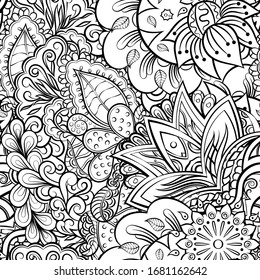 Tracery seamless pattern. Mehndi design. Ethnic monochrome binary doodle texture. Curved doodling black and white background. Vector