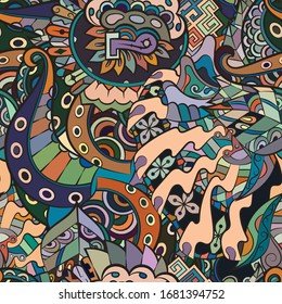 Tracery seamless pattern. Mehndi design. Ethnic colorful doodle texture. Curved doodling background. Vector