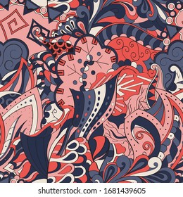 Tracery seamless pattern. Mehndi design. Ethnic colorful doodle texture. Curved doodling background. Vector